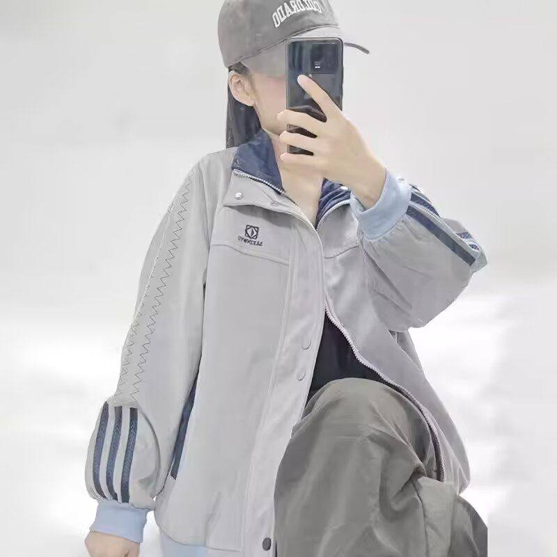 阿于呆春秋日系复古拼接立领夹克男宽松潮牌街头运动棒球服外套女