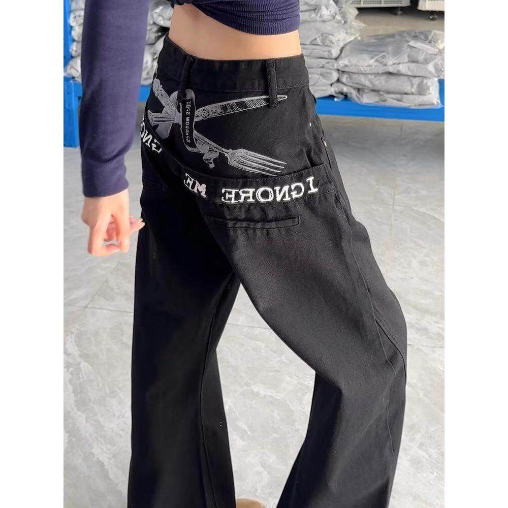 黑色微喇工装牛仔裤男款直筒宽松美式高街vibe裤子潮牌痞帅多口袋