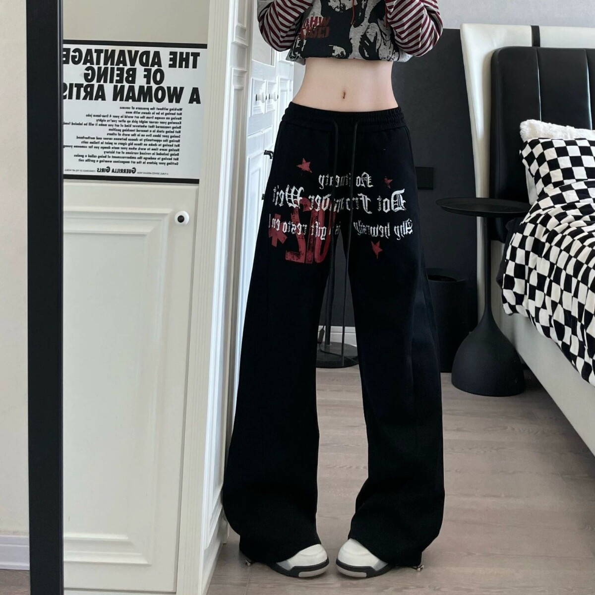 美式街头星星字母印花松紧休闲弯刀裤男女宽松跳舞运动阔腿长裤子