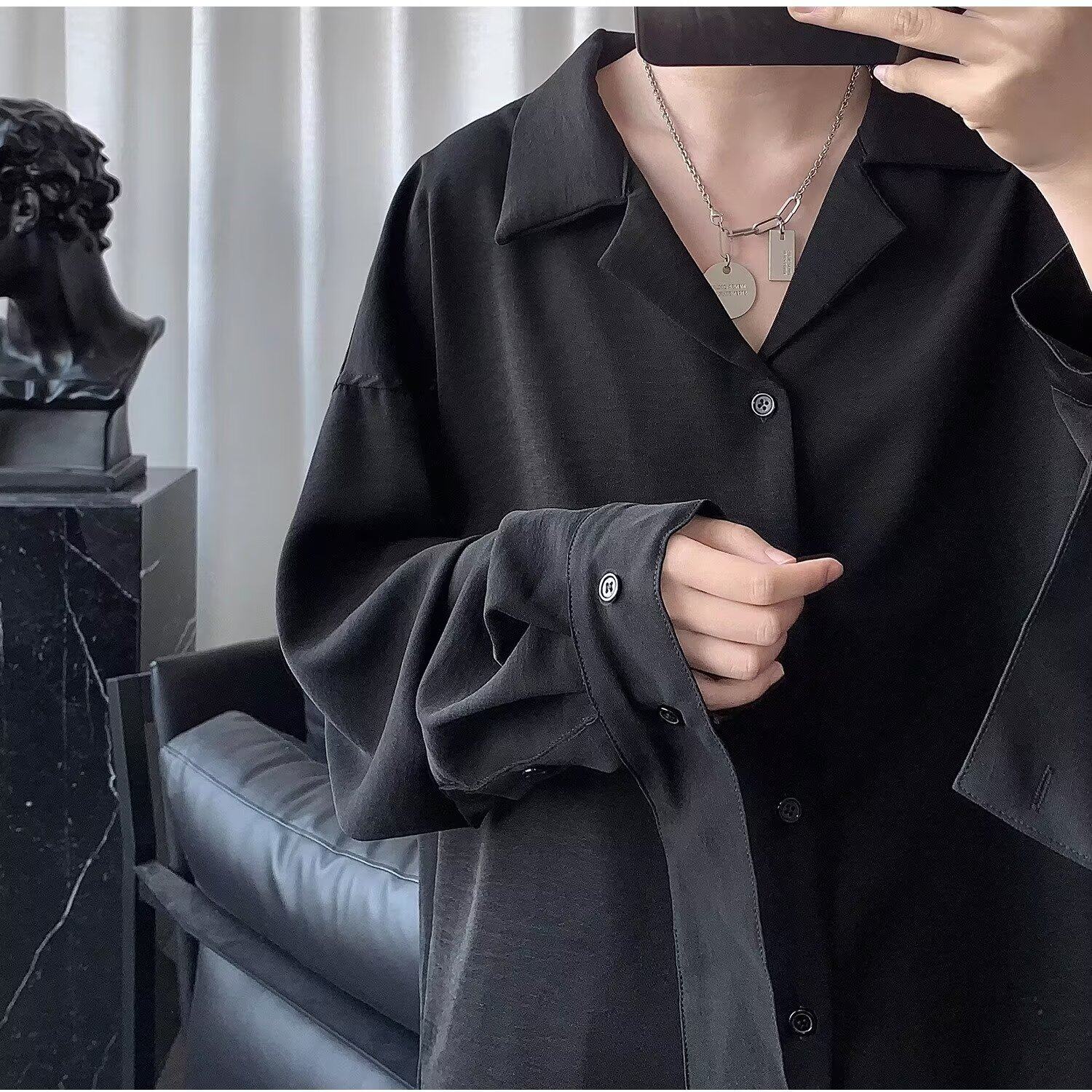 高级感男士衬衫轻熟风痞帅宽松长袖西服内搭衬衣古巴领飘带寸衫