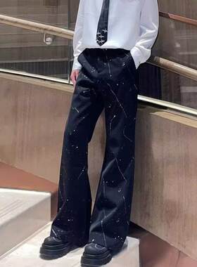 高级感彩色涂鸦泼墨牛仔裤男宽松直筒阔腿裤秋冬季新款痞帅长裤潮