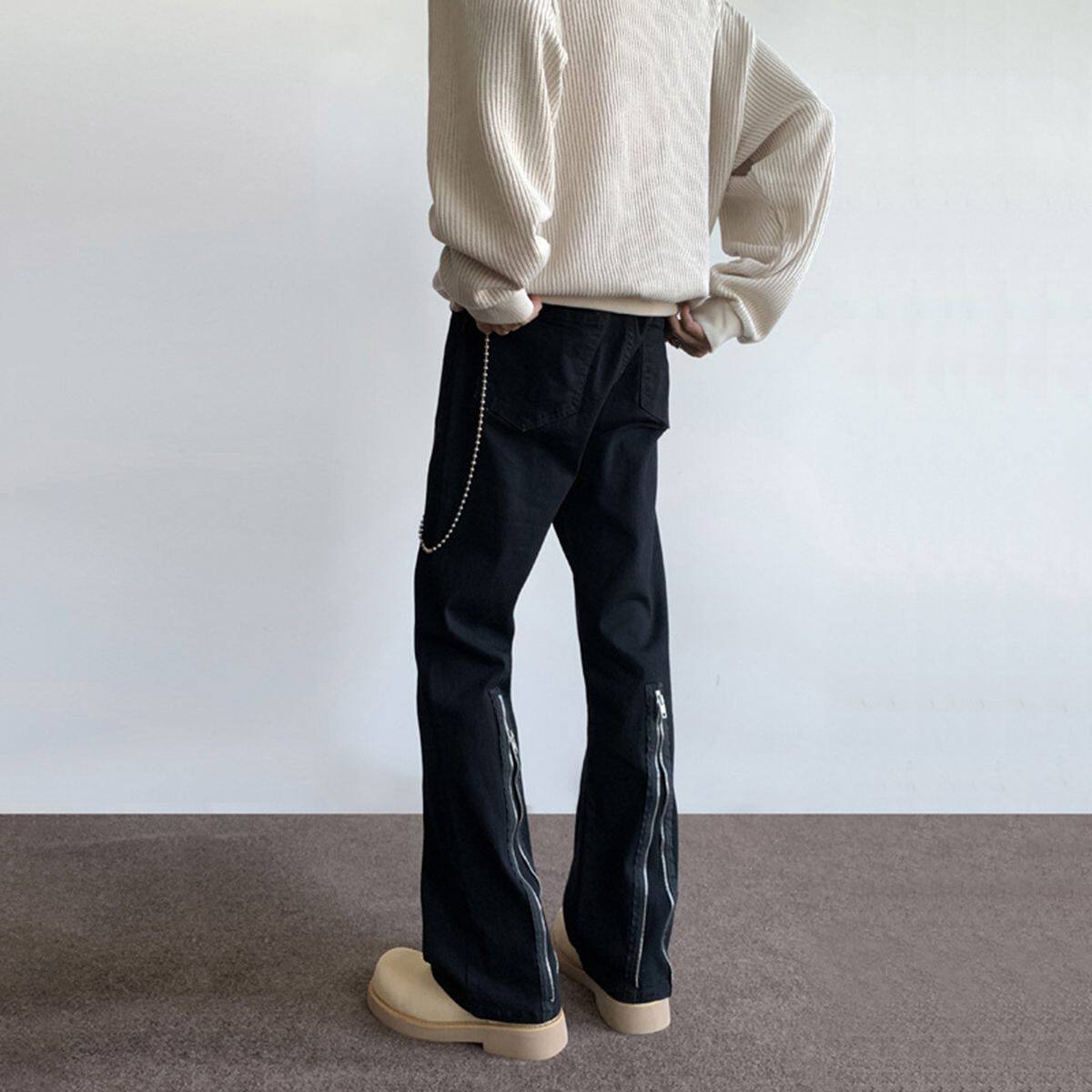 设计感拉链牛仔裤男款秋季美式复古水洗微喇长裤高街百搭直筒裤子