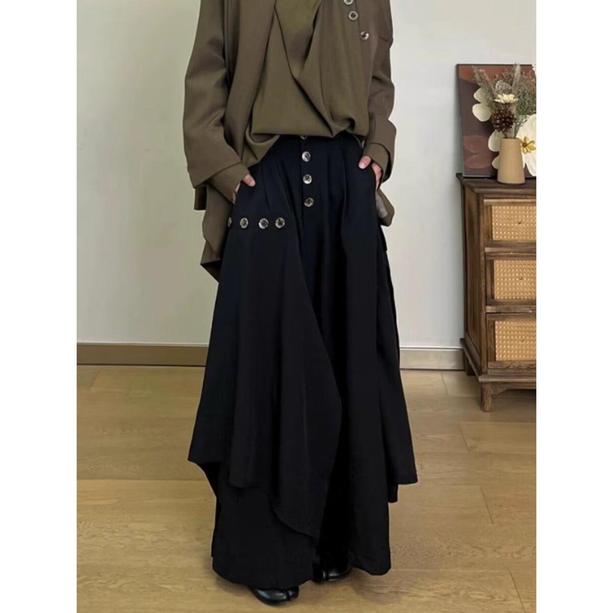 暗黑小众书法印染裙摆阔腿裙裤男女春秋季不规则宽松山本九分裤裙