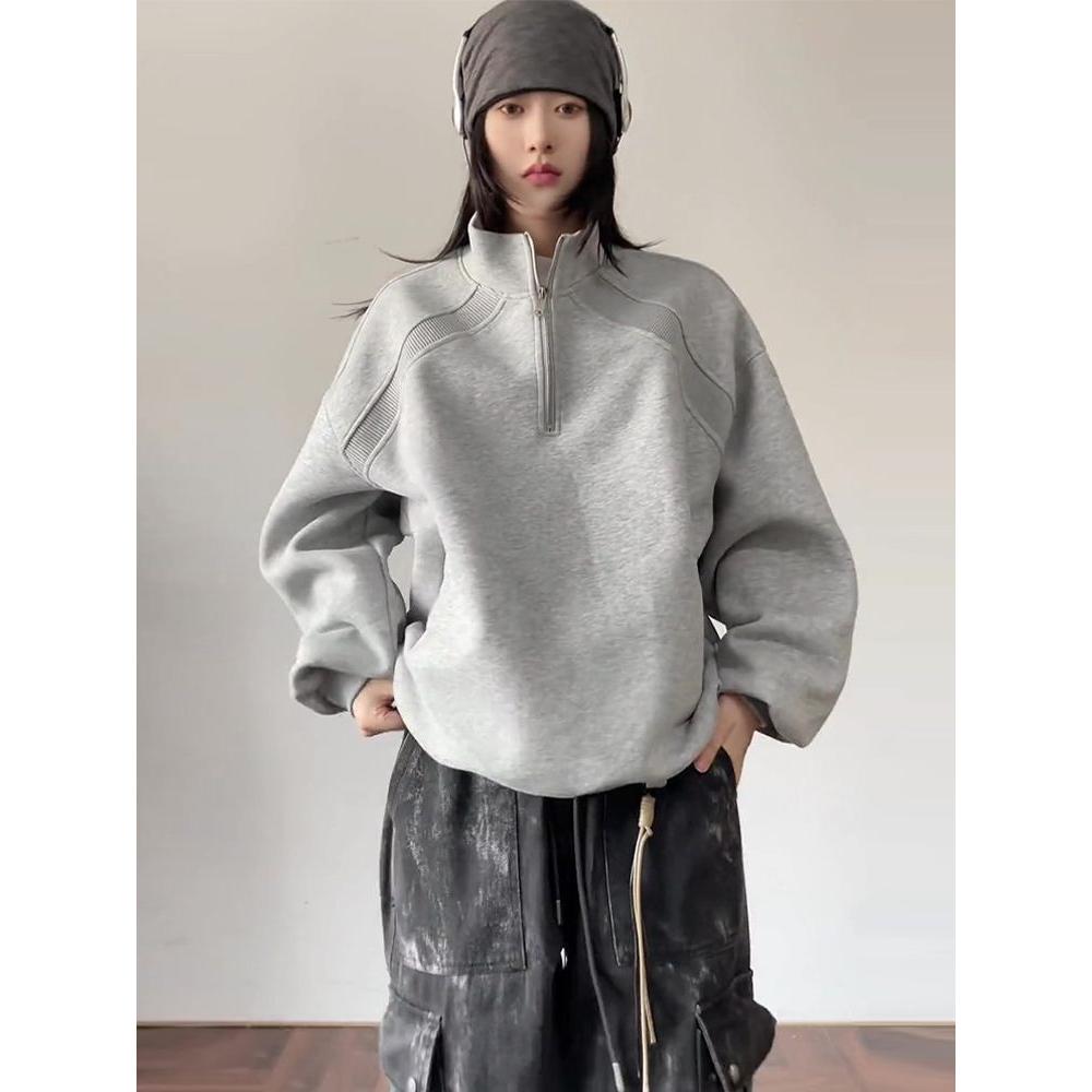美式重磅双拉链开衫卫衣男女春秋冬宽松运动立领夹克纯色情侣外套