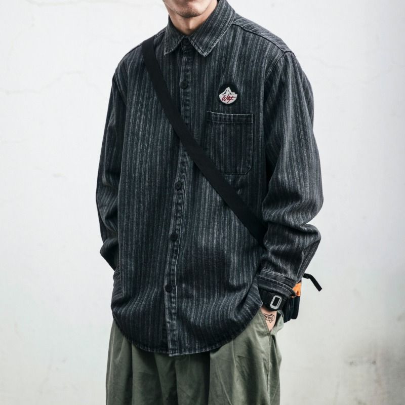 春秋季日系潮牌宽松条纹衬衫男韩版潮流长袖衬衣情侣学生百搭上衣