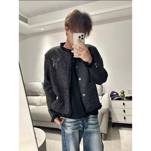 秋冬气质轻奢亮丝小香风外套男网红时尚垫肩金属饰品设计感夹克潮