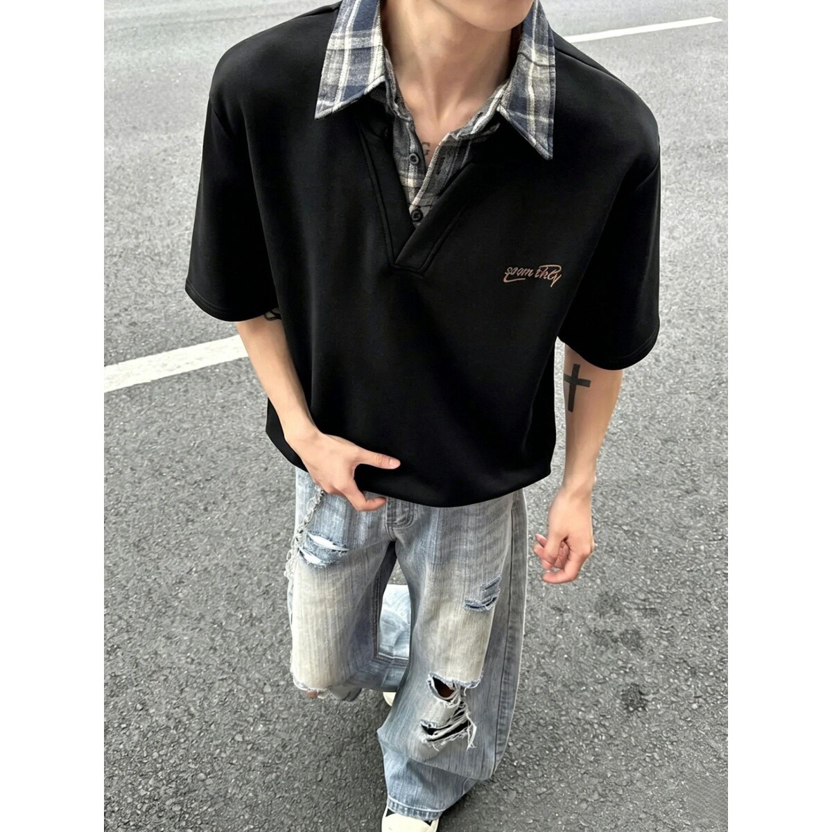 美式复古学院风短袖t恤男款夏季假两件格子拼接polo衫正肩半截袖