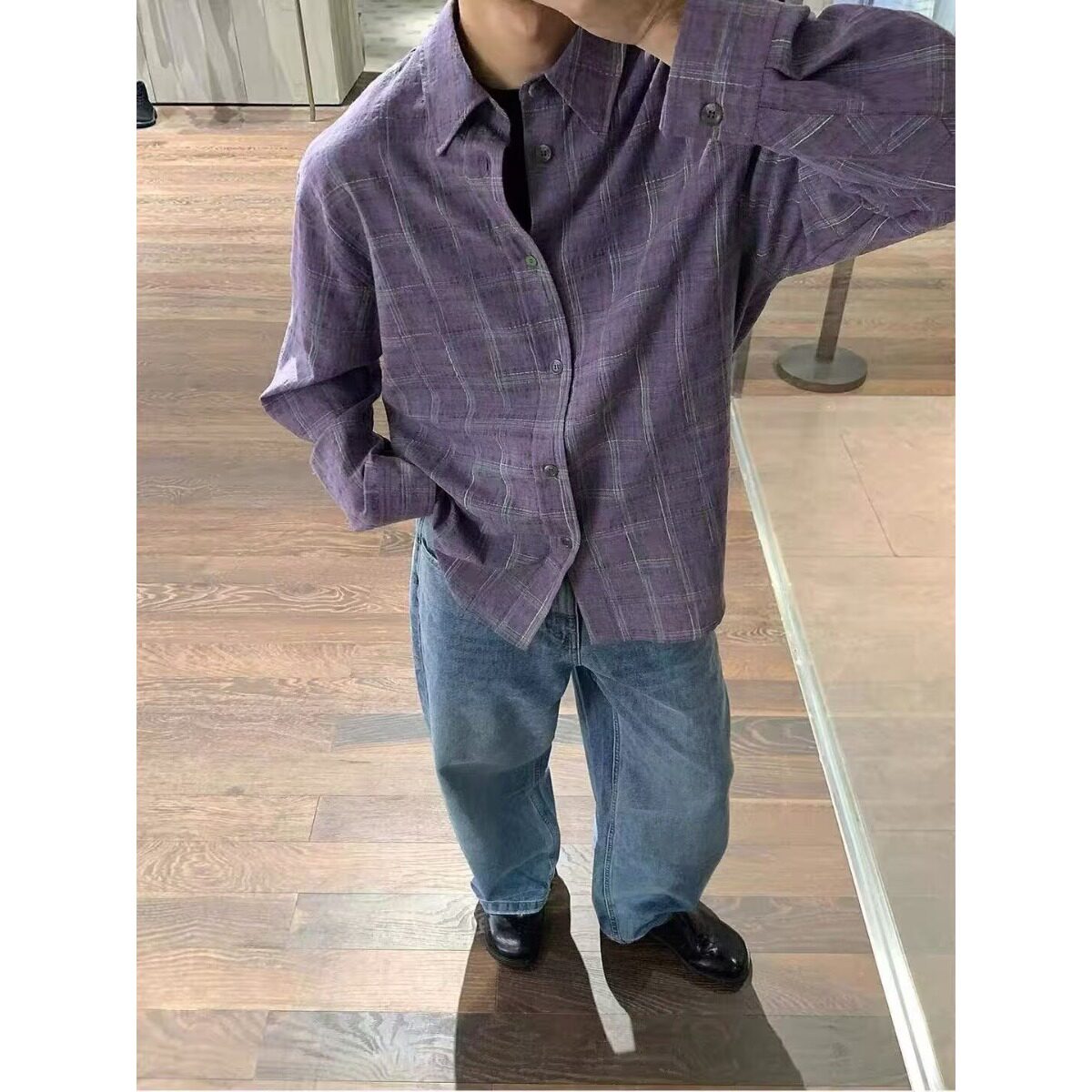 美式复古格子衬衫男士黑色长袖秋季潮牌休闲百搭宽松衬衣帅气外套