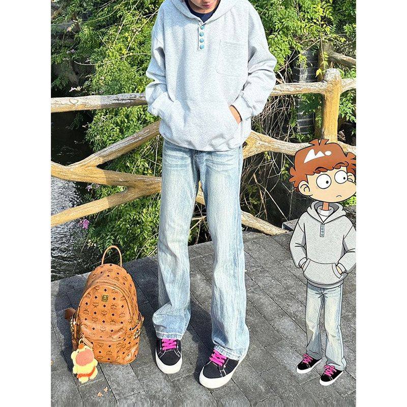 蓝爆裂闪电纹牛仔裤男潮牌美式重工水洗直筒裤窄版修身微喇裤