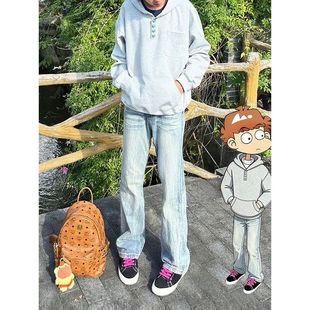 蓝爆裂闪电纹牛仔裤男潮牌美式重工水洗直筒裤窄版修身微喇裤