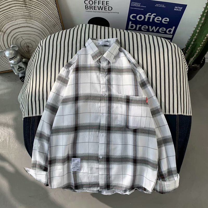 格子衬衫男长袖方格寸衫夏装高中生上衣男痞帅学生休闲衬衣外套夏