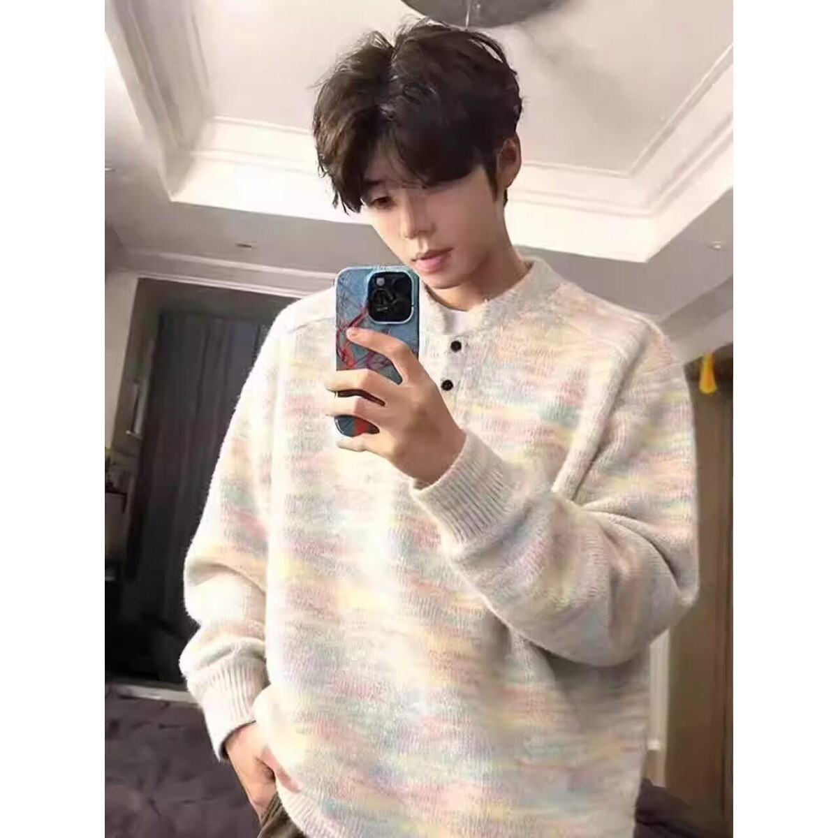 彩色亨利领针织卫衣男款秋季美式复古慵懒风毛衣vine情侣外套