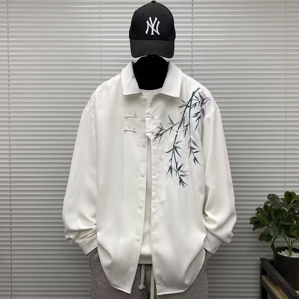 青少年碎花标准长袖春季新中式轻国风男装竹子刺绣衬衣男潮翻领