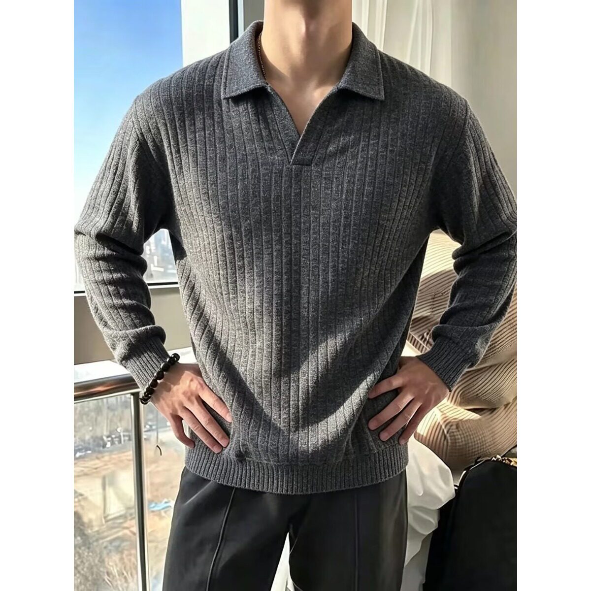 男士商务休闲纯色秋季针织衫美式复古毛衣秋冬百搭灰色长袖毛衣