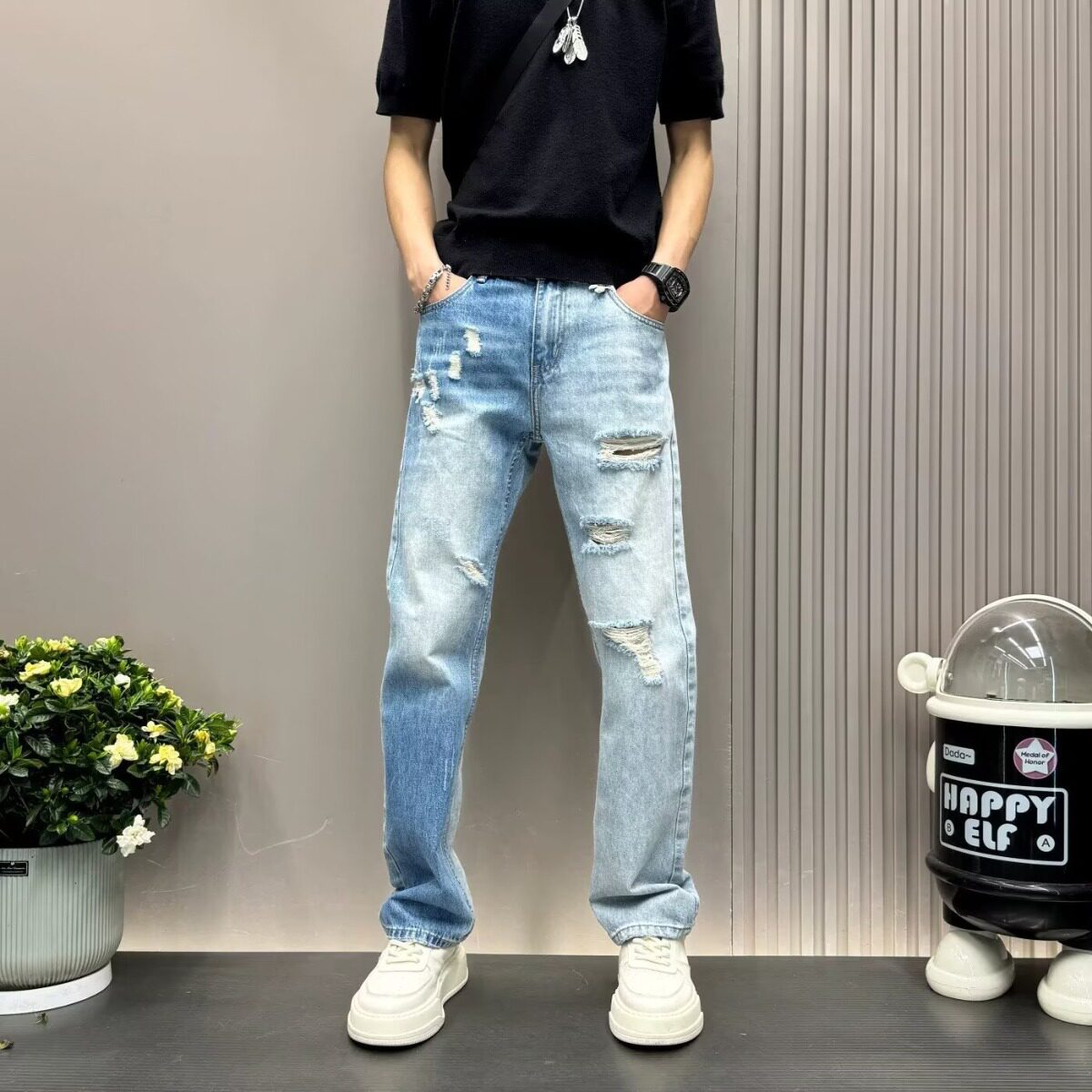 美式爆裂闪电纹水洗牛仔裤男破洞宽松直筒微喇叭显瘦cleanfit裤子