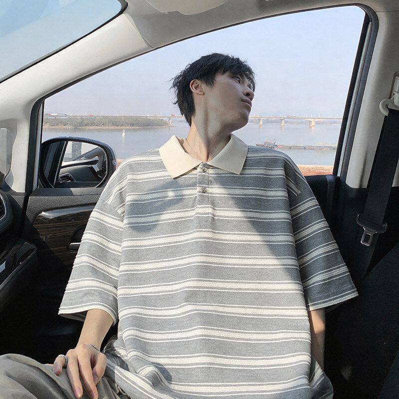 男士polo日系竹节棉条纹短袖男宽松圆领休闲T恤运动健身衣服夏季