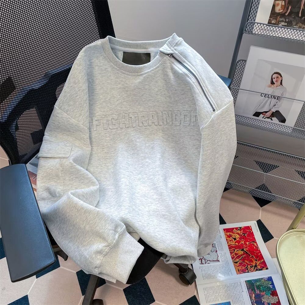 重磅拼接毛边做旧复古美式纯色卫衣落肩宽松长袖T恤上衣打底衫男