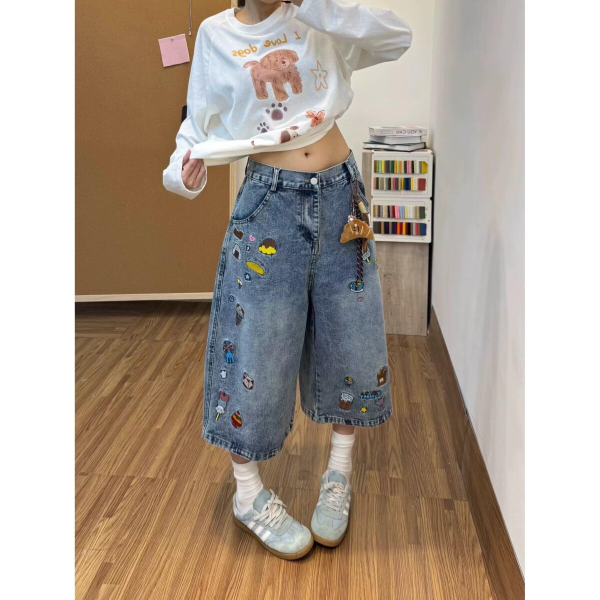 设计感彩色纽扣牛仔短裤男女同款夏新款高腰显瘦宽松直筒七分裤子