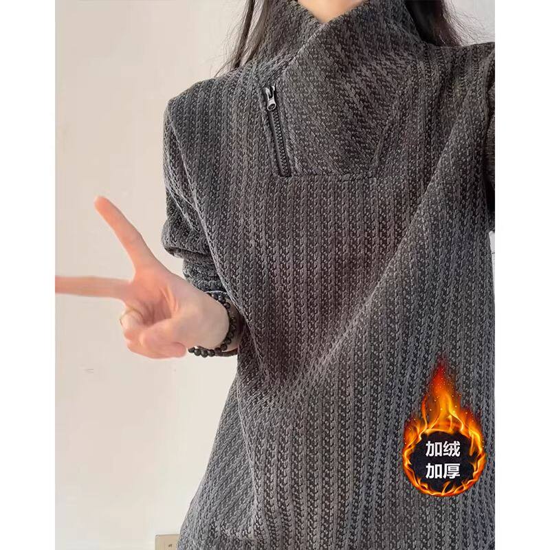 灰色重磅斜拉链卫衣男款秋冬加绒高领长袖t恤正肩美式内搭打底衫