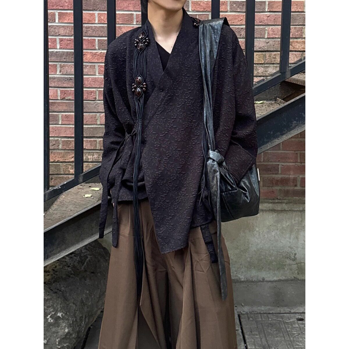 新中式暗花衬衫披风外套男高级感痞帅三件套装书法假两件西裤一套
