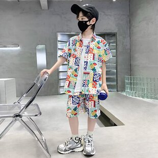 潮男童套装夏季儿童短袖沙滩风夏装宝宝夏威夷海边度假男孩花衬衫