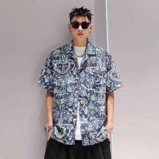 古着古巴领男士衬衫男女宽松港味美式复古情侣泰国港风短袖衬衣