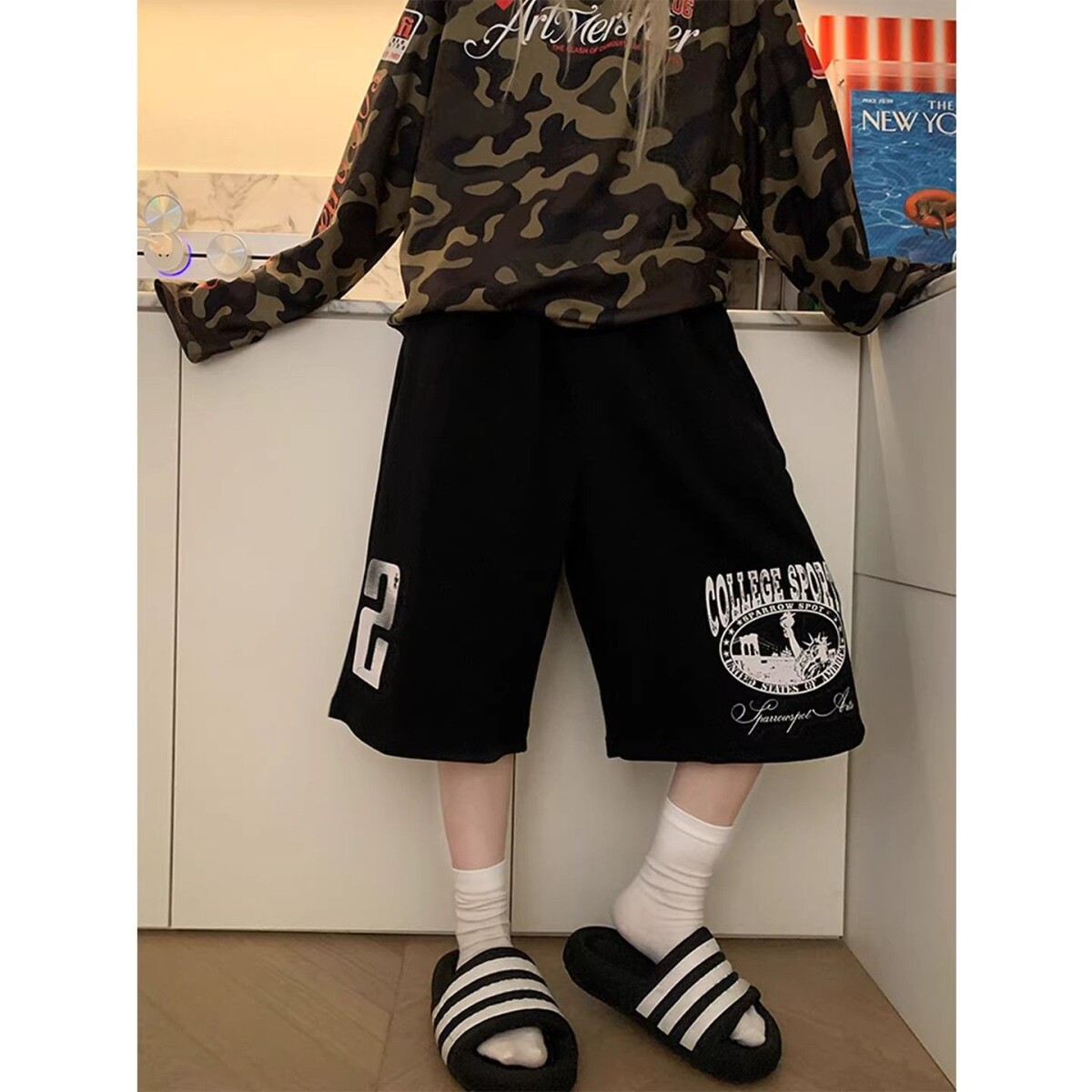 美式慵懒做旧字母印花阔腿七分裤男女宽松休闲运动风松紧腰七分潮
