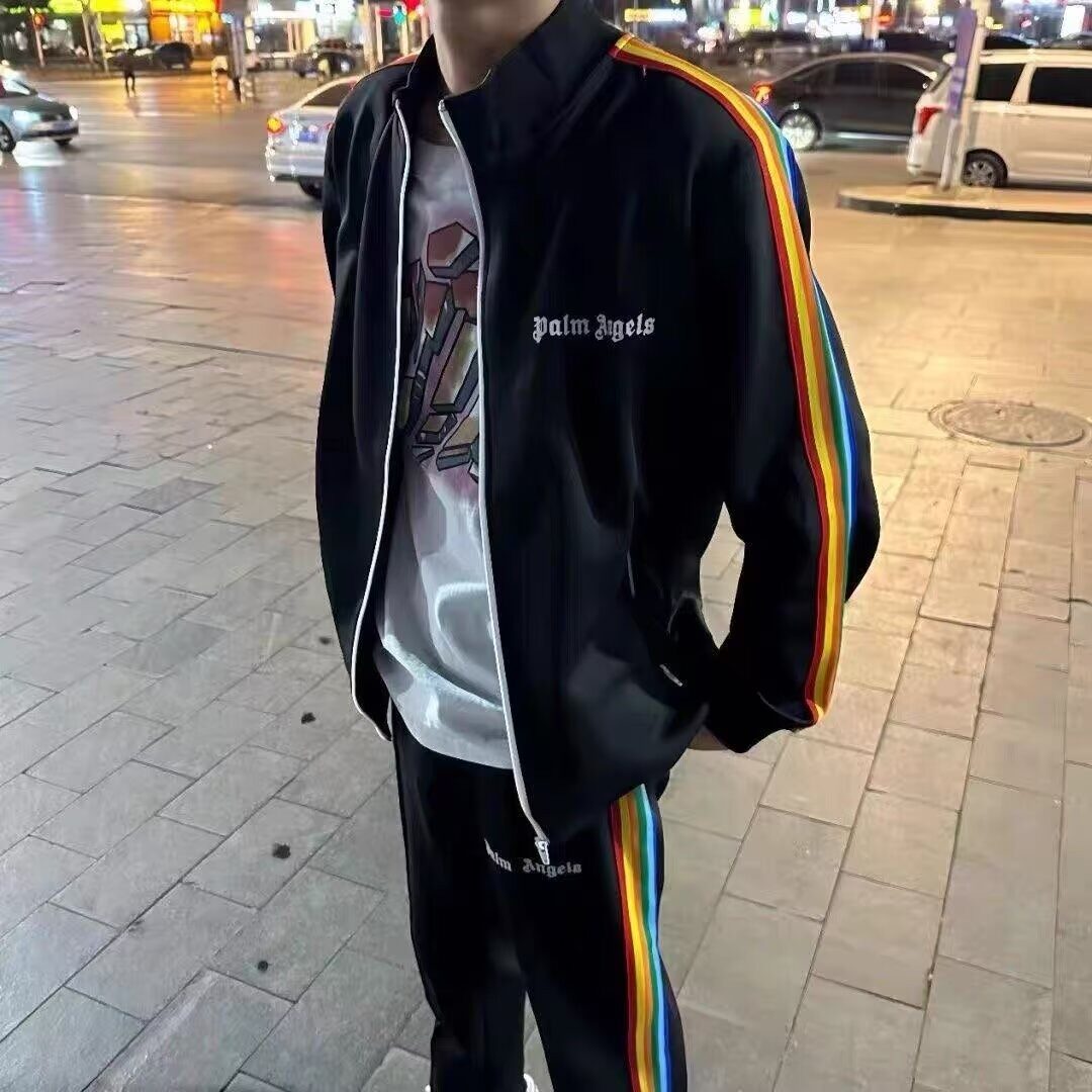 网红潮牌彩虹条纹棒球服男女秋冬夹克精神小伙休闲立领外套潮