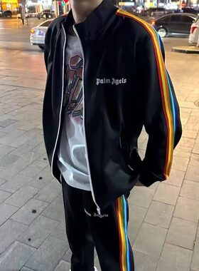 网红潮牌彩虹条纹棒球服男女秋冬夹克精神小伙休闲立领外套潮
