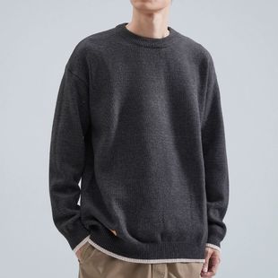 hansca假两件毛衣男冬季加厚保暖复古圆领套头宽松休闲打底针织衫