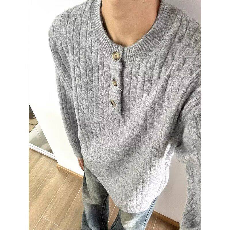 灰色美式亨利领毛衣男款冬季高级感慵懒风打底针织衫cleanfit外套