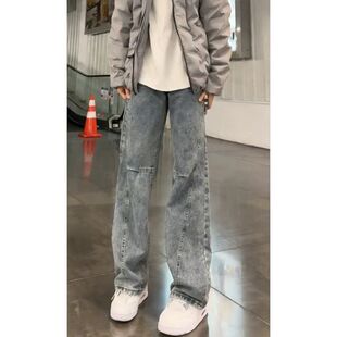 cleanfit美式斜切弯刀牛仔裤男潮牌高级感直筒裤绑带工装阔腿裤子