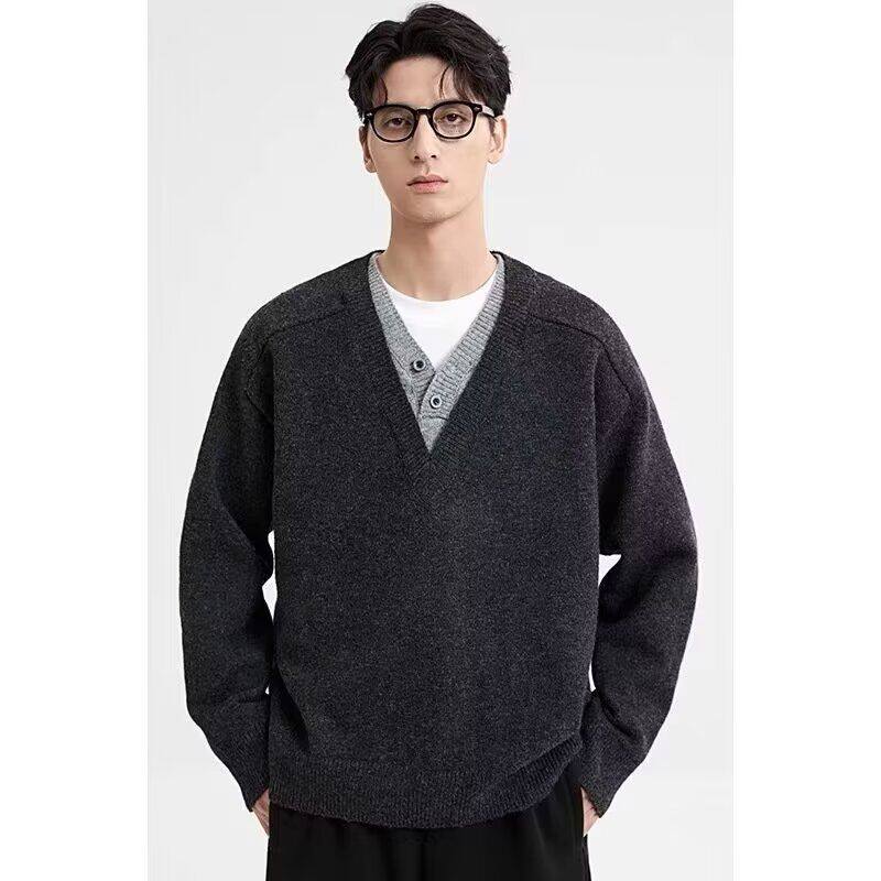 日系复古高级感假两件秋冬男款潮牌拼接撞色宽松V领长袖T恤