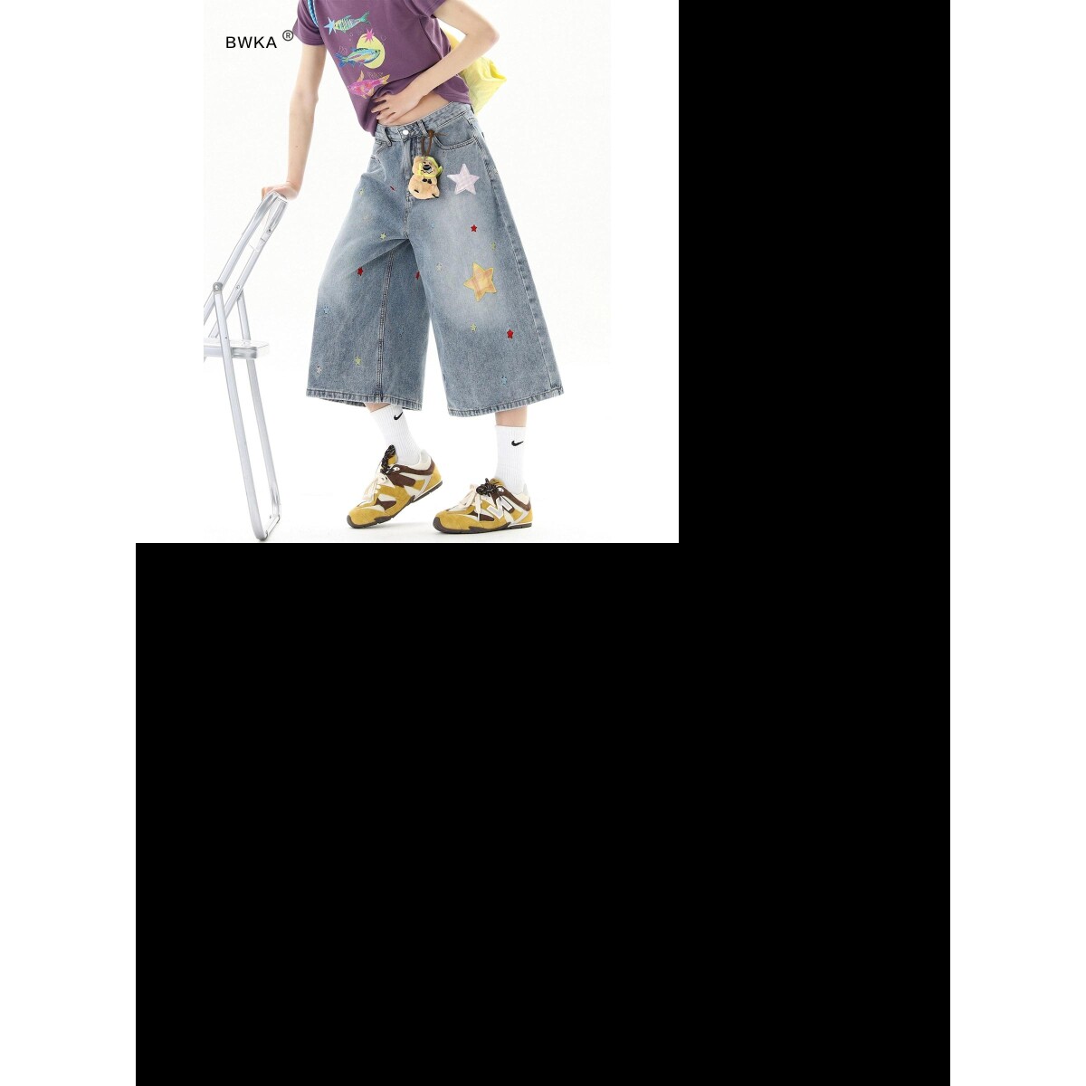 美式星星布贴印花牛仔七分裤男女夏季宽松显瘦直筒短裤休闲宽裤