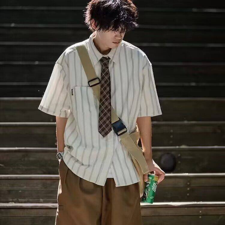 夏季新款日系复古条纹短袖衬衫男女学院风休闲宽松学生五分袖衬衣
