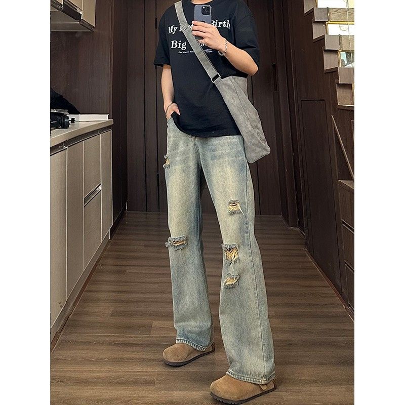 牛仔裤男四季常规宽松直筒阔腿长裤男生美式潮牌工装休闲裤子男款