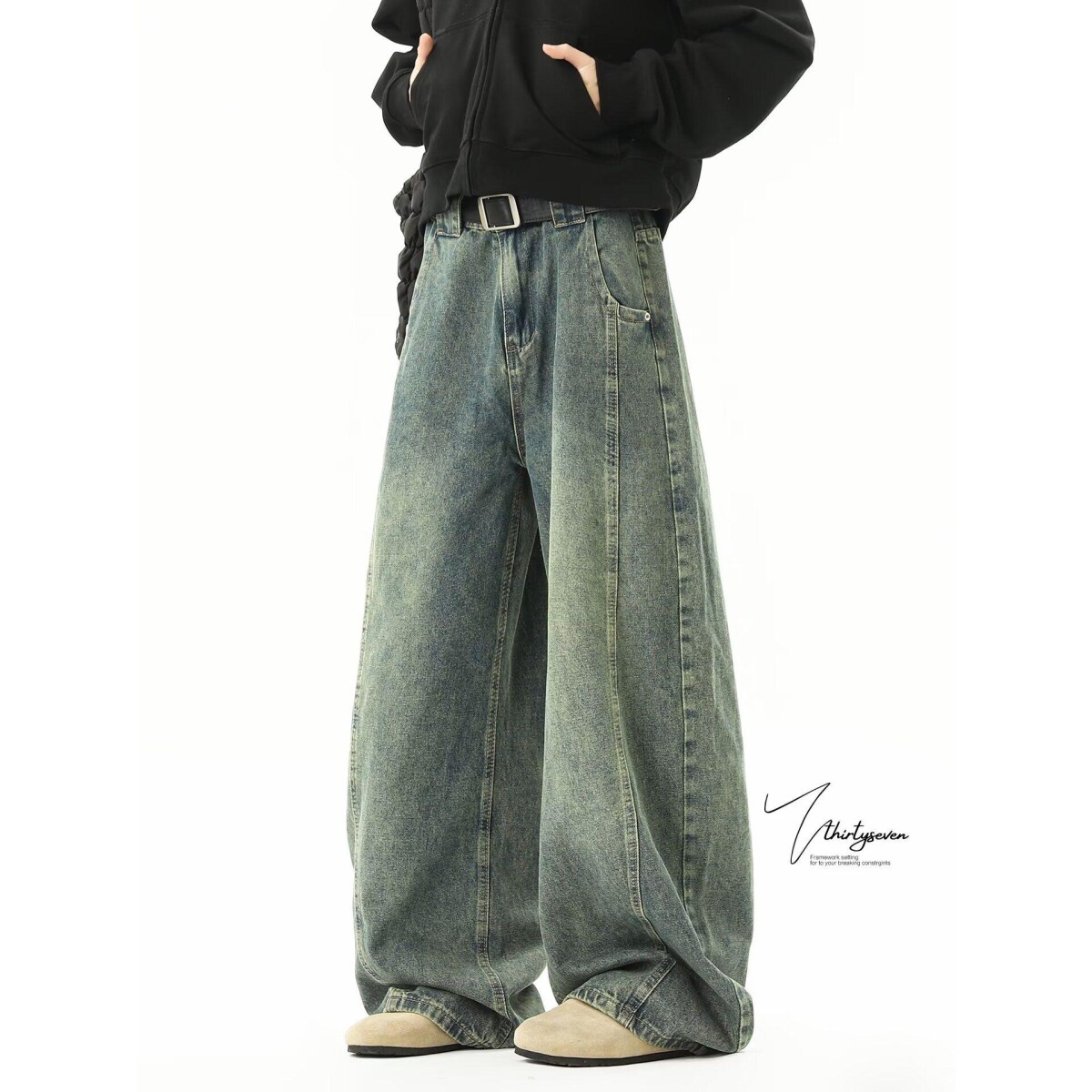 美式复古水洗宽松直筒牛仔裤男高街潮牌cleanfit弯刀阔腿休闲长裤