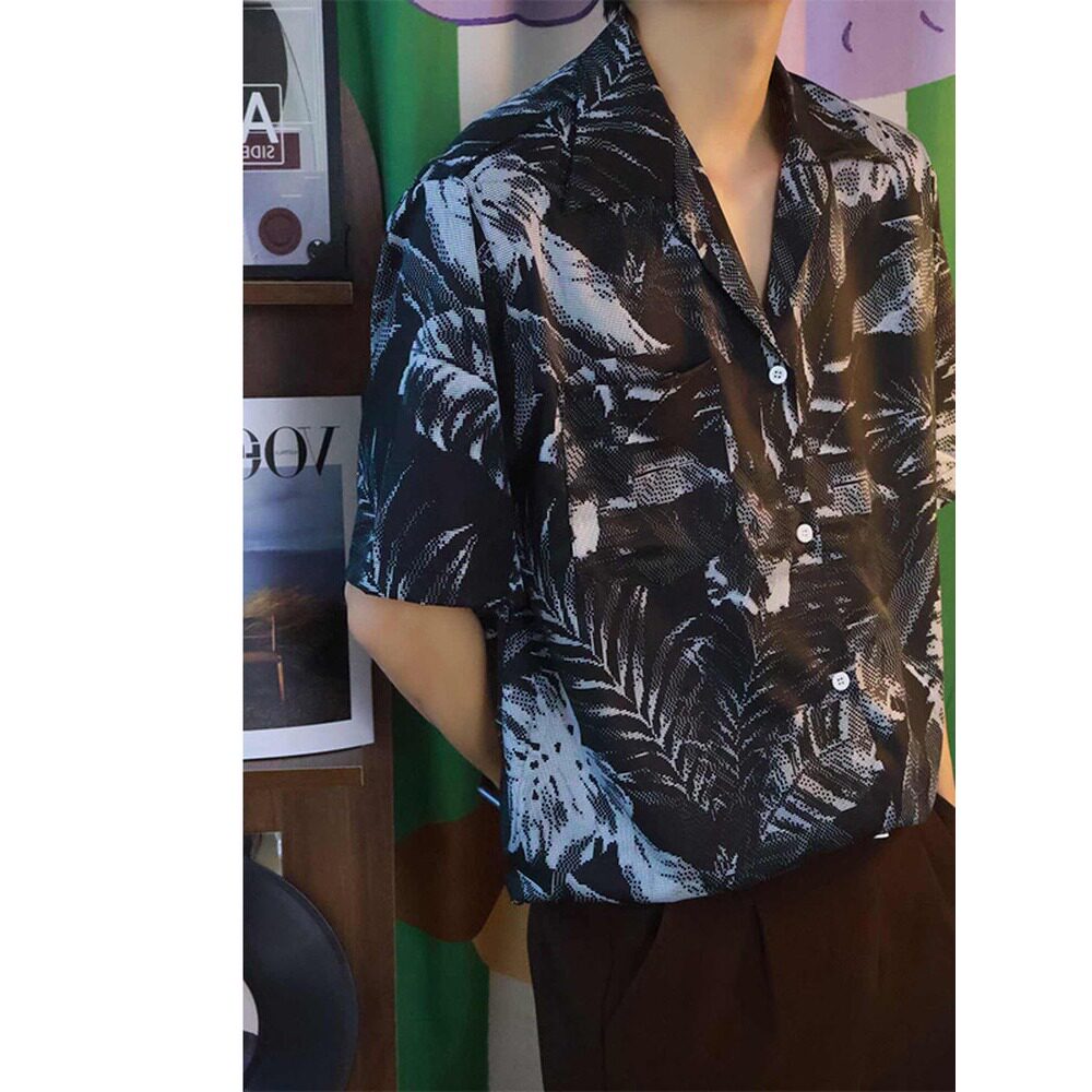 满印日常暗黑风夏季夏威夷风街拍宽松新款黑灰色衬衫古巴领度假