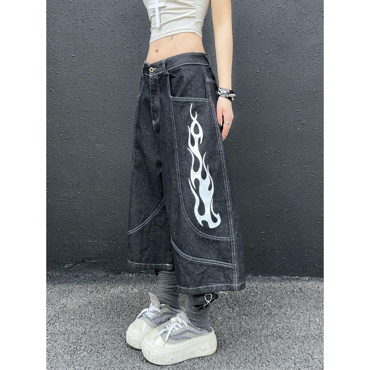 美式复古火焰印花牛仔宽裤男女夏季宽松七分裤街头风休闲百搭裤子