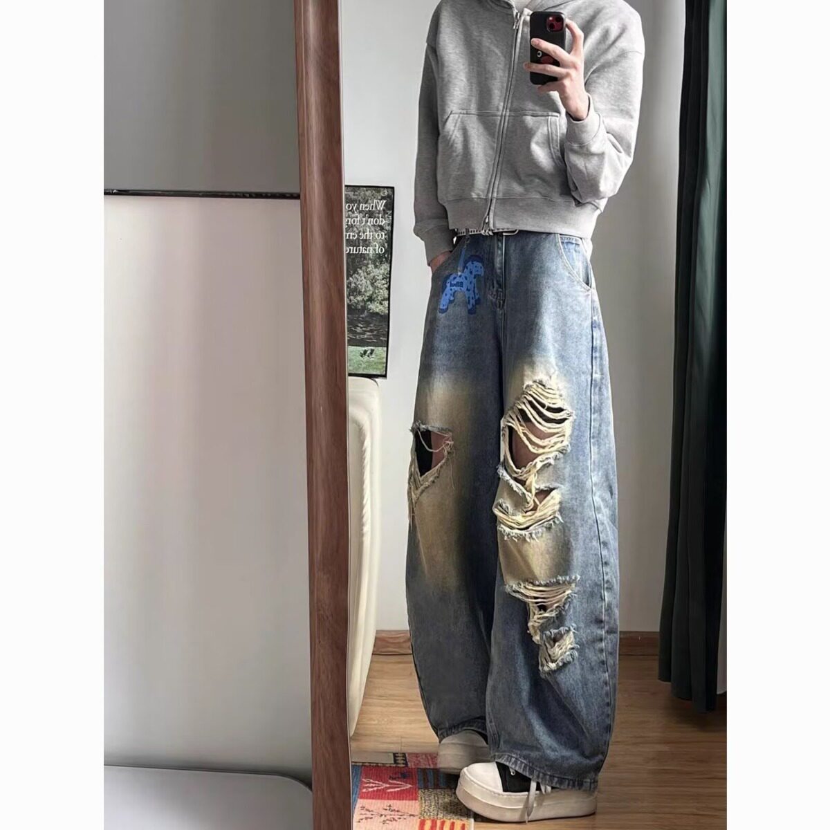 秋冬破洞美式硬挺直筒大口袋工装裤男女显瘦高街牛仔宽松休闲长裤