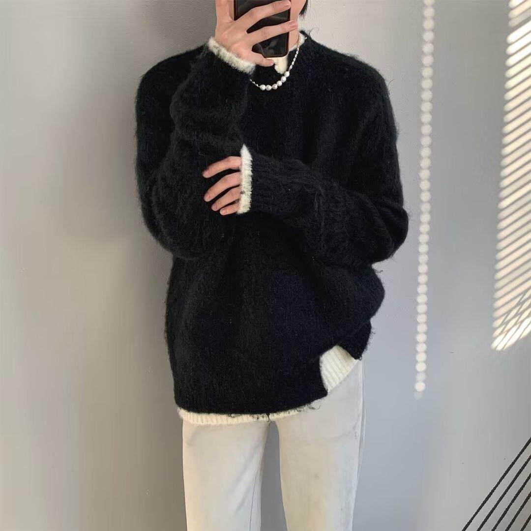 网红假两件灰色毛绒毛衣男秋冬季日系慵懒休闲宽松针织衫