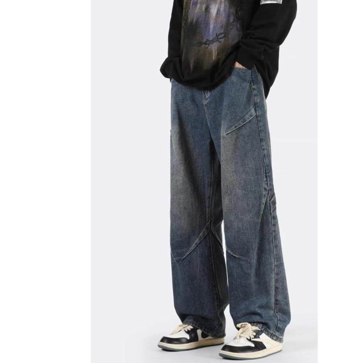 牛仔裤男款秋季美式高街复古高级感痞帅拼接水洗宽松直筒阔腿长裤