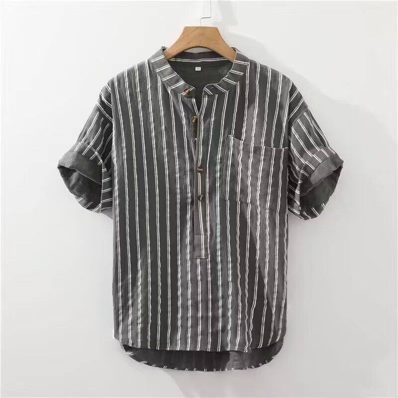 日系条纹衬衫男短袖宽松薄款立领套头半袖衬衫衣服T恤棉麻宽松夏