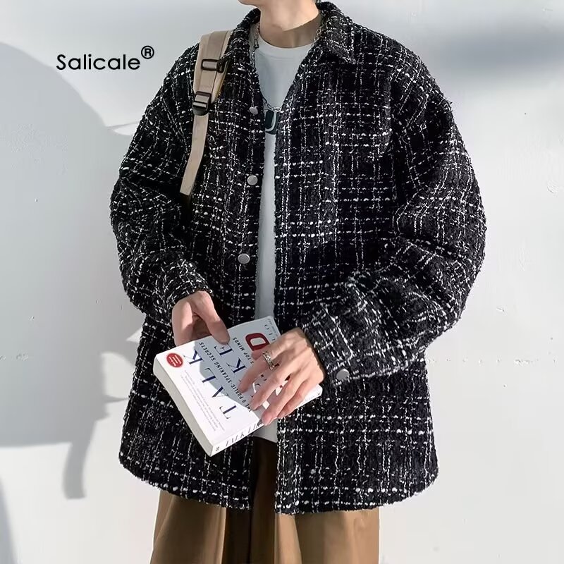 小香风编织格子高级感外套男秋冬胖子大码oversize高街潮ins夹克