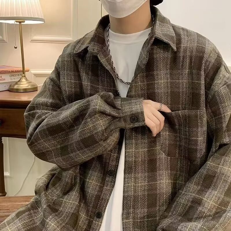 嘻哈格子衬衫男长袖韩版宽松潮流bf原宿风秋季外套磨毛格子衬衣潮