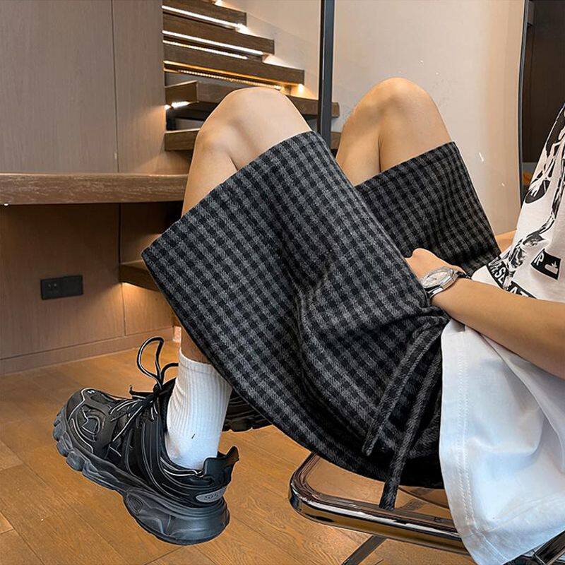 美式复古黑灰撞色格子短裤男款夏季慵懒风直筒五分裤宽松休闲中裤