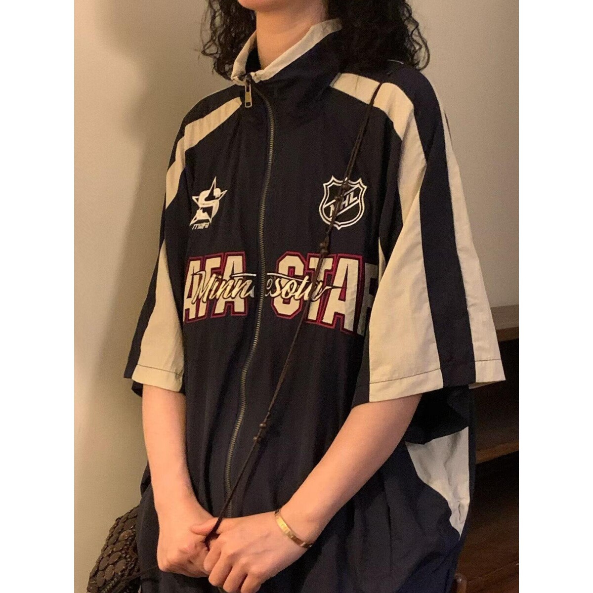 美式潮牌短袖衬衫男生高街立领插肩机能风情侣复古机车服拉链开衫
