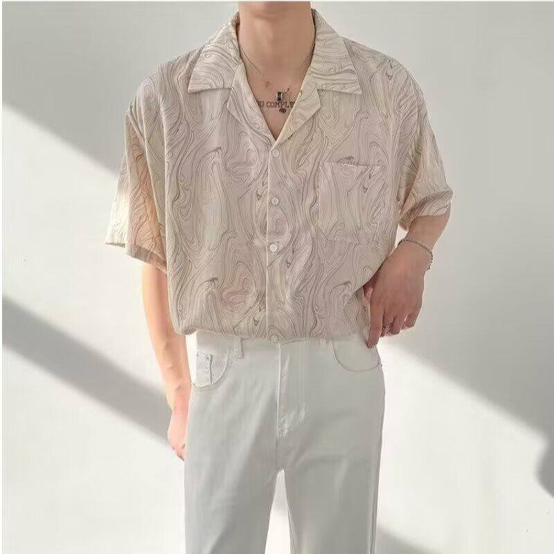 夏季韩版宽松古巴领短袖衬衫男士高级感潮流IN痞帅免烫花衬衣