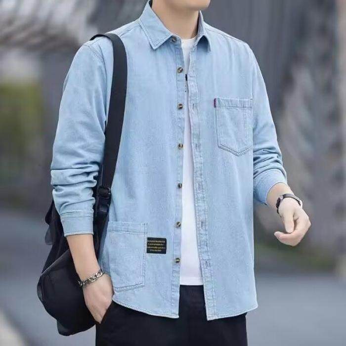 高档牛仔宽松版长袖工装衬衫男士外套春秋款休闲衬衣男装潮流上衣