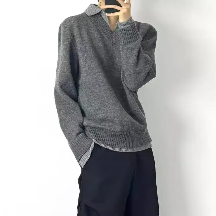 常规纯色假两件Polo翻领毛衣男内搭针织衫潮套头青少年长袖休闲